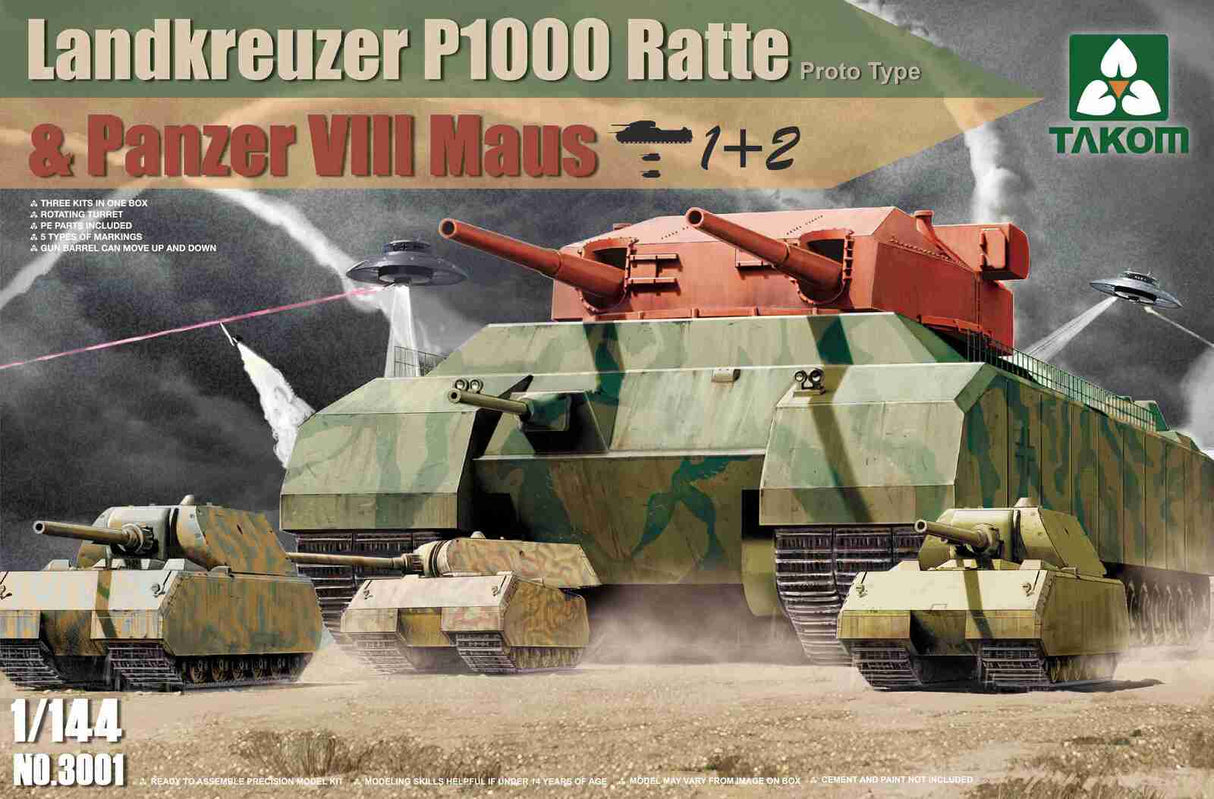 Takom 1/144 WWII Heavy Battle Tank Landkreuzer P1000 Ratte[Proto type] & Panzer VIII Maus 3 in 1 Plastic Model Kit - Hobbytech Toys