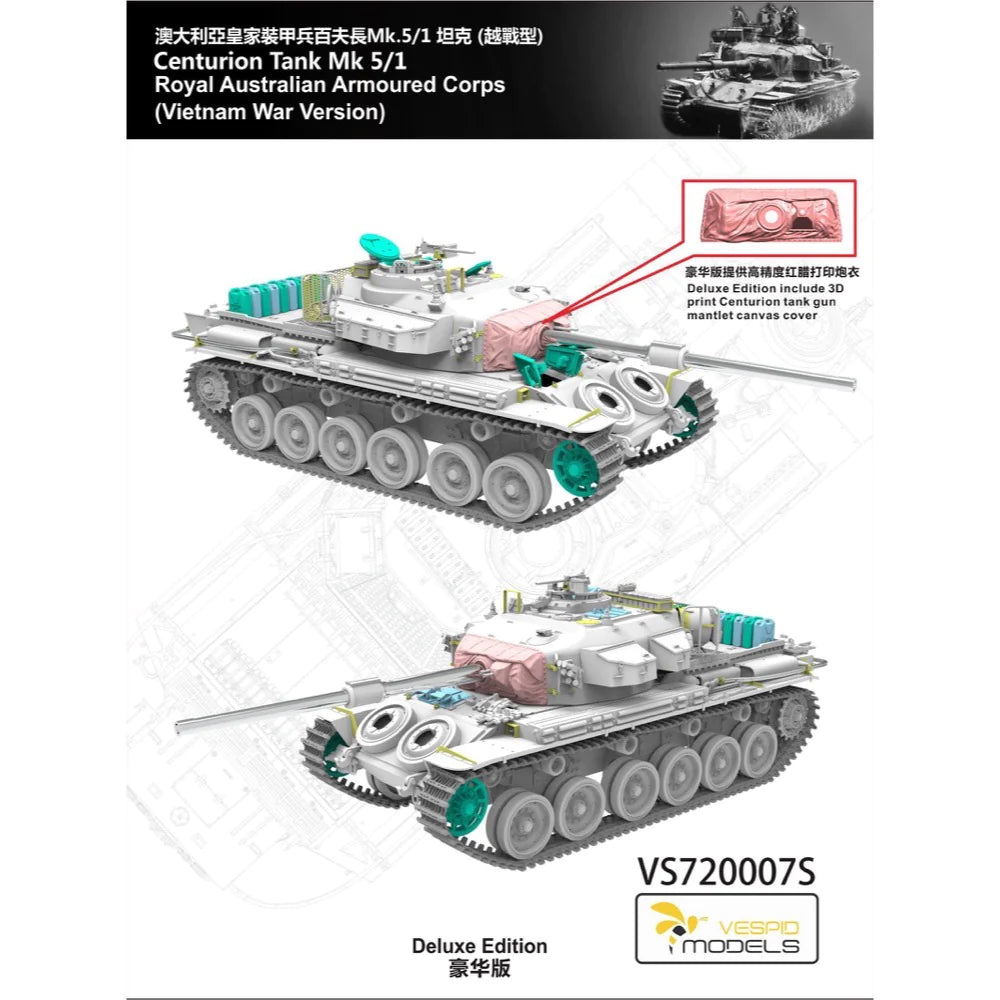 Vespid 1/72 Centurion Tank Mk5/1 Royal Australian Armoured Corps 3D Print Model Kit - Deluxe Edition - Hobbytech Toys