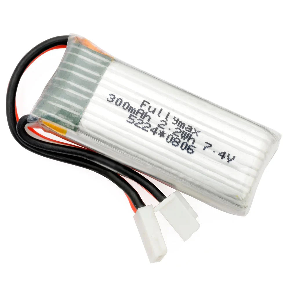 Compact 300mAh 2S 7.4V Lipo battery for RC models, featuring a clear casing and color-coded connectors for easy identification.