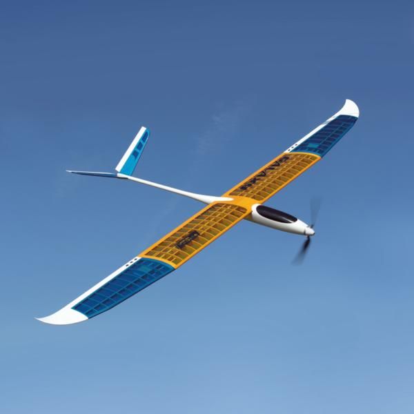 Aeronaut Galaxy Electric Glider 2m Wingspan ARF - High-performance RC plane with colorful solar panel wings soaring against blue sky.