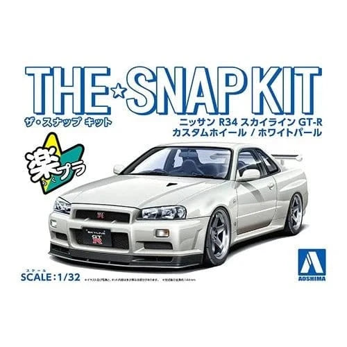 Aoshima 1/32 SNAP NISSAN R34 SKYLINE GT - R CUSTOM WHEEL (White Pearl) Kit - Hobbytech Toys