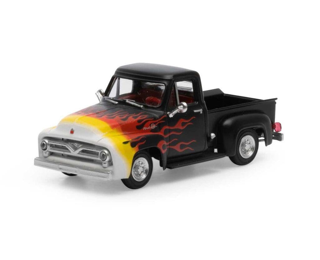 Athearn HO Scale RTR 1955 Ford F - 100 Pickup, Black/Flames - Hobbytech Toys