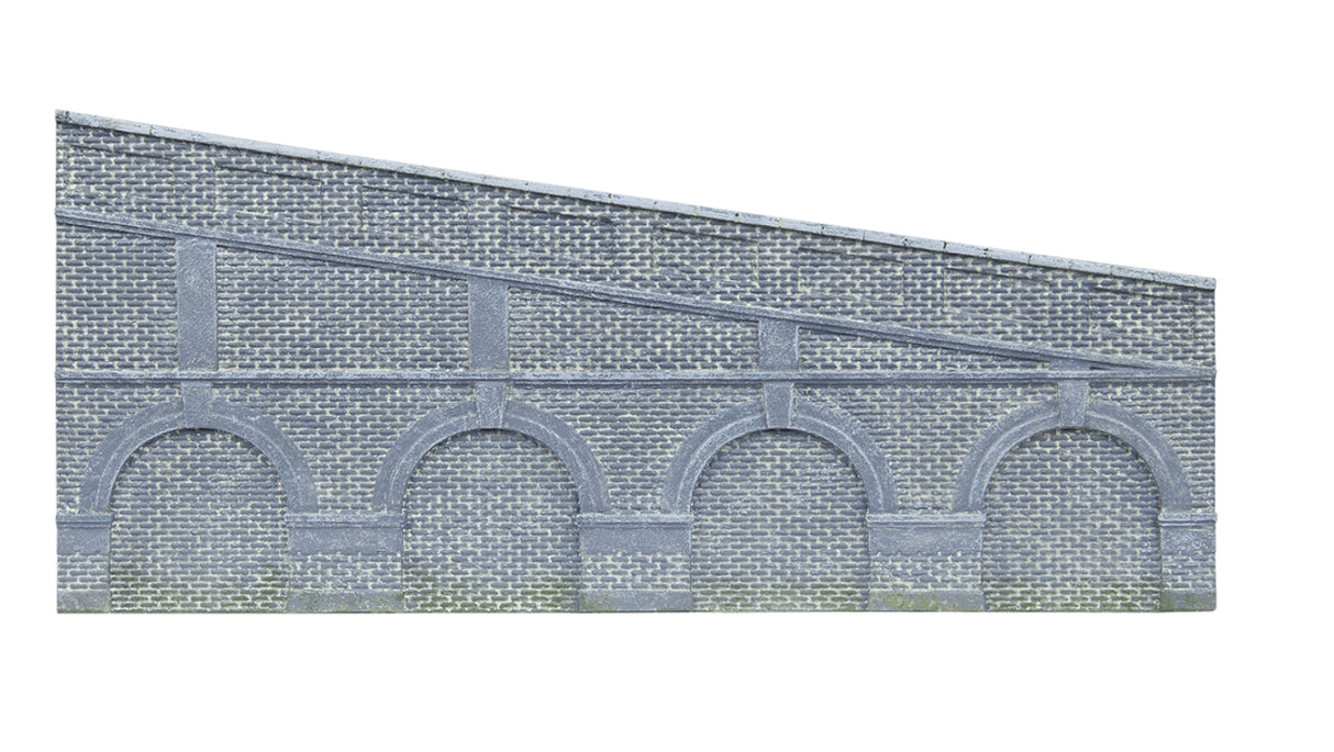 Hornby R7387 OO Scale Mid Stepped Arched Retaining Walls - Engineers Blue Brick (2pcs) - Hobbytech Toys