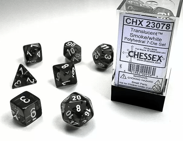 Chessex 23078 Translucent Polyhedral Smoke/White 7 - Die Set - Hobbytech Toys