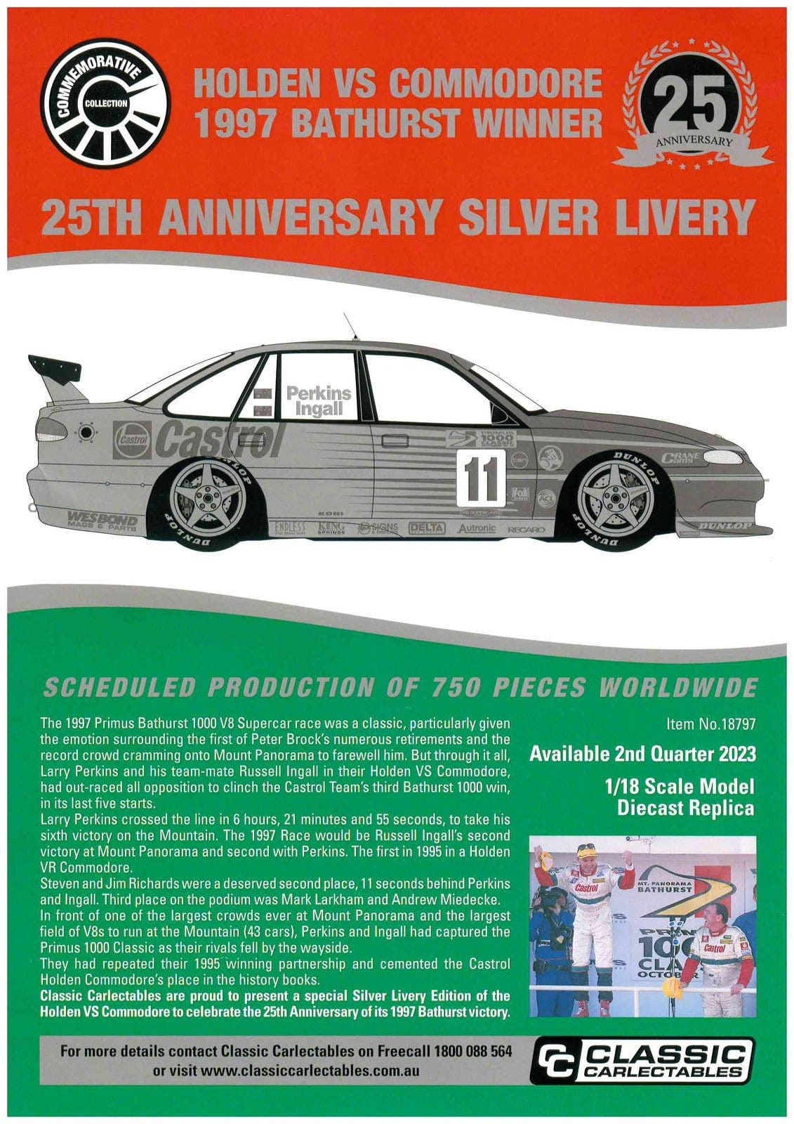 Classic Carlectables 18797 1/18 Holden VS Commodore 1997 Bathurst Winner 25Th Anniversary Silver Livery Diecast Model - Hobbytech Toys
