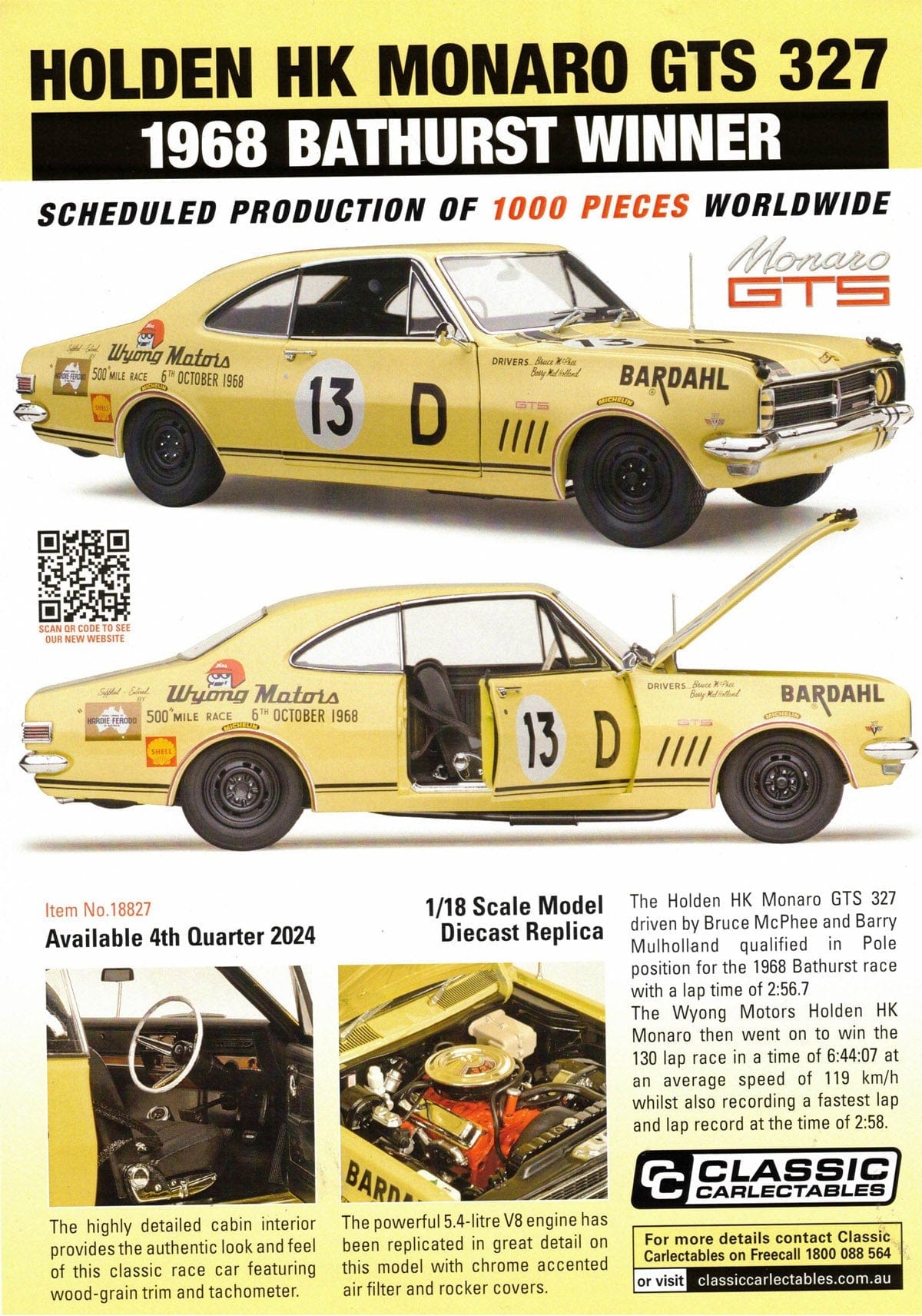Classic Carlectables 18827 1/18 Holden HK Monaro GTS 327 1968 Bathurst Winner Diecast Model - Hobbytech Toys