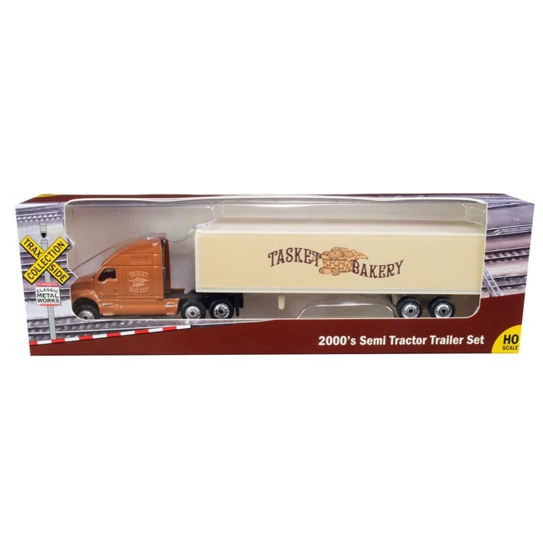 Classic Metal Works TC107 HO 2000s Semi Tractor-Trailer Set - Assembled - TraxSide - Tasket Bakery (maroon, beige)