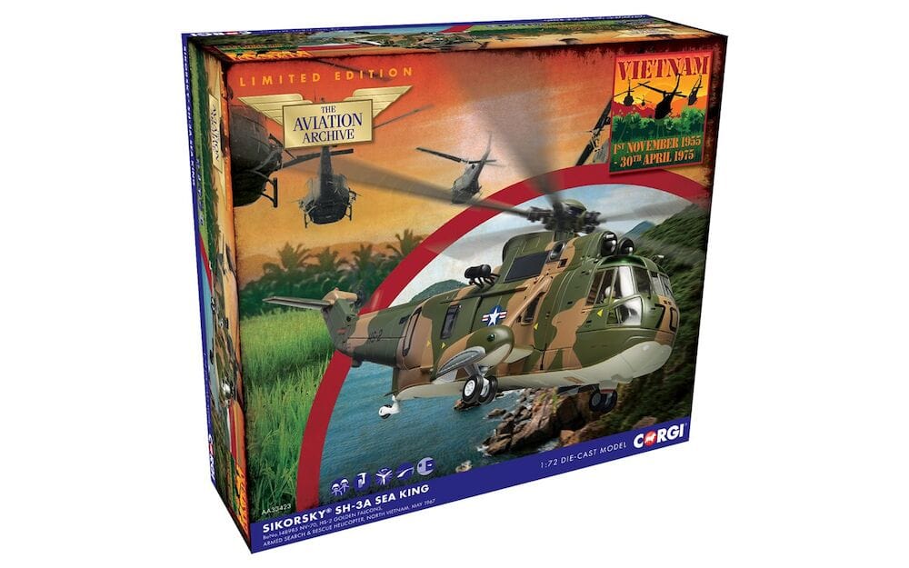 Corgi 1/72 Sikorsky SH - 3A Sea King, NV - 70, HS - 2 Golden Falcons, USS Hornet, May 1967 Diecast Model - Hobbytech Toys