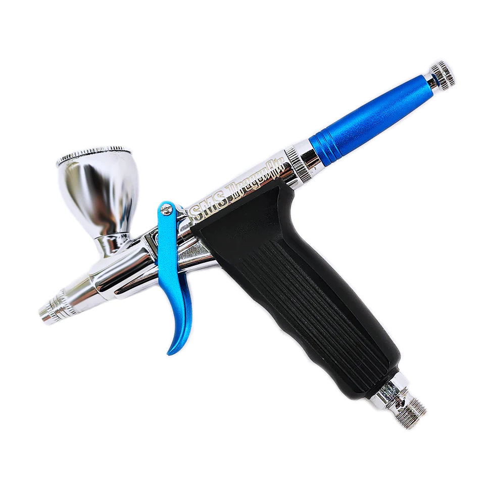 Sleek blue and silver airbrush with 0.5mm nozzle, a trigger action design, and a comfortable grip for precise paint application.