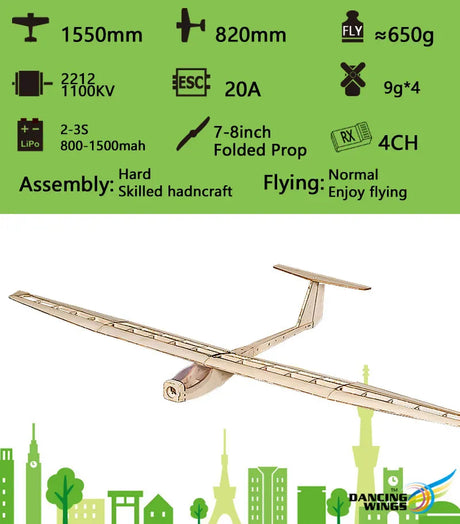 Dancing Wings 1.5m EP Griffin Glider Balsa RC Plane Kit (Motor,ESC,Servos Included)