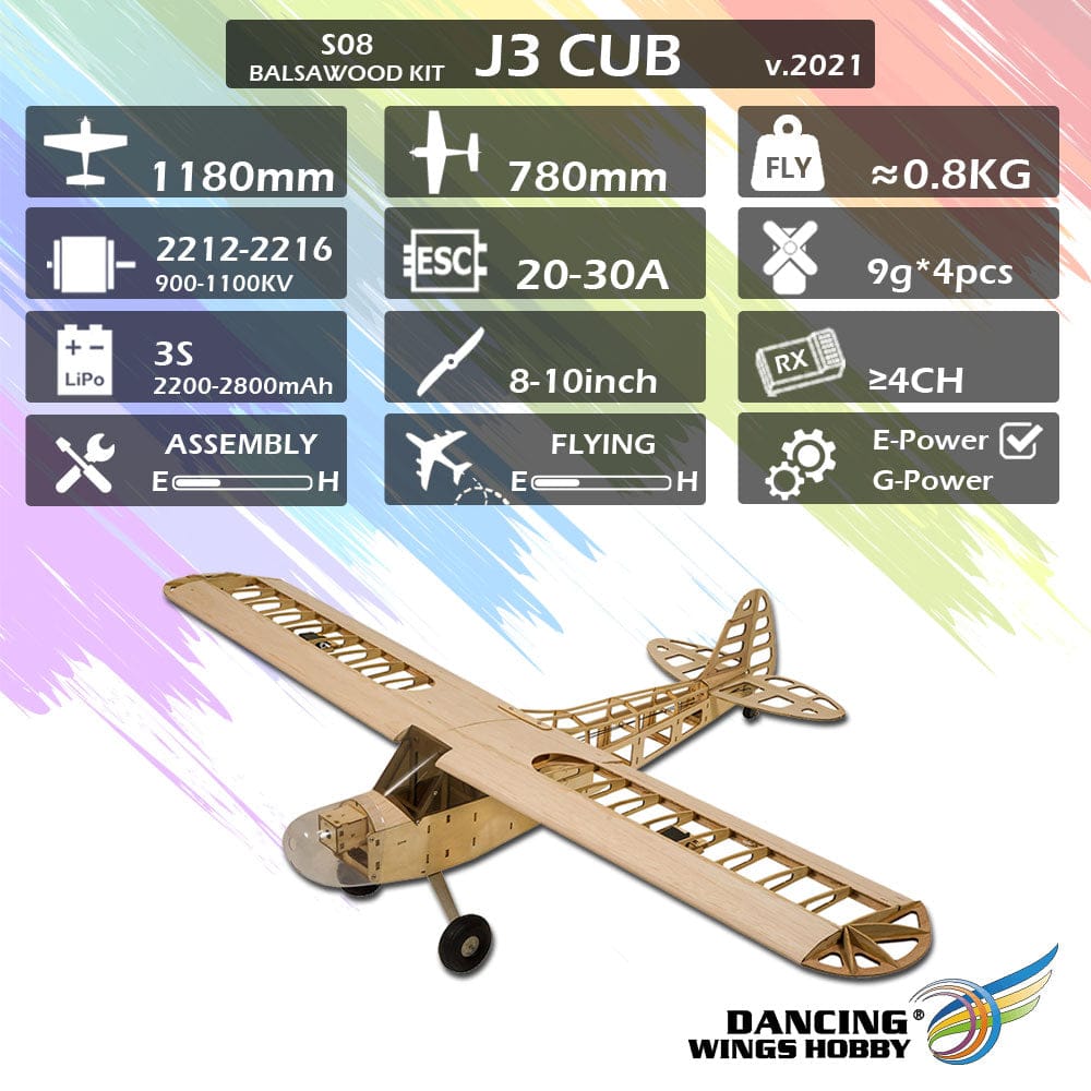 Dancing Wings J3-Cub 1.2m RC Plane Kit (Motor,ESC,Servos Included)