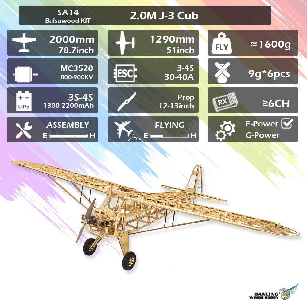 Dancing Wings J3-Cub 2.0m Balsa RC Plane Kit (Motor,ESC,Servos Included)