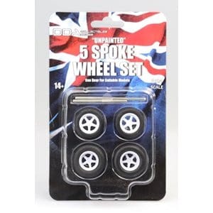 DDA 1/24 5 Spoke Unpainted Injected White Wheels w/Tyres & Axles - Suits Slammed Models - Holden HQ & HJ - Ford XW & XY (4pcs) - Hobbytech Toys