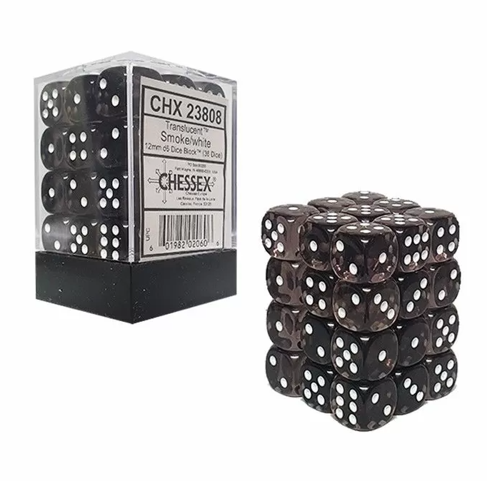 Chessex 23808 Translucent 12mm d6 Smoke/White Block (36) - Hobbytech Toys