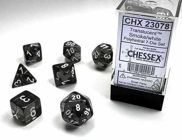 Chessex 23078 Translucent Polyhedral Smoke/White 7-Die Set - Hobbytech Toys