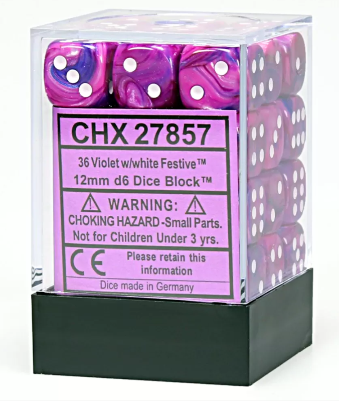 Chessex 27857 Festive 12mm d6 Violet/White Block (36) - Hobbytech Toys