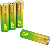 Four AA ultra alkaline heavy duty batteries in a green and yellow gradient color scheme.