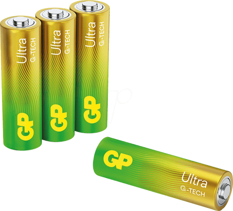 Four AA ultra alkaline heavy duty batteries in a green and yellow gradient color scheme.