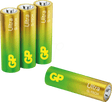 Four AA ultra alkaline heavy duty batteries in a green and yellow gradient color scheme.