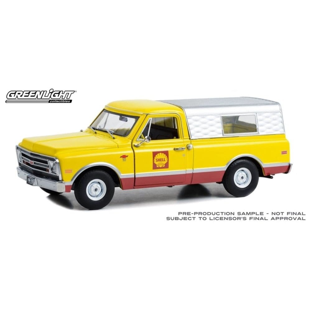 Greenlight 1/24 Shell Oil 1968 Chevrolet C - 10 w/Camper Canopy Running on Empty - Hobbytech Toys