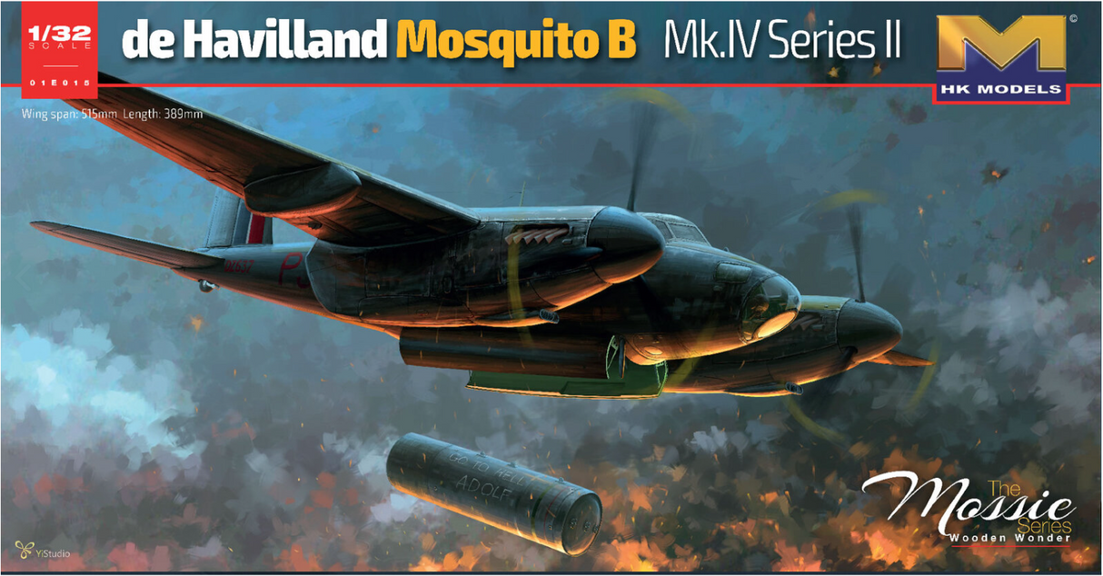 Detailed de Havilland Mosquito B. Mk.IV Series II World War II aircraft model kit in flight, with propellers and engine nacelles visible.