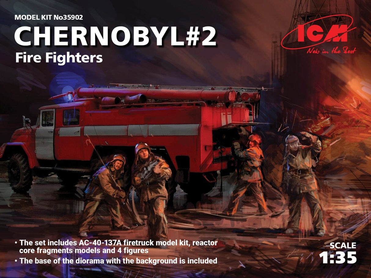 ICM 1/35 Chernobyl#2. Fire Fighters (AC-40-137A firetruck & 4 Figures & diorama base with background) Plastic Model Kit