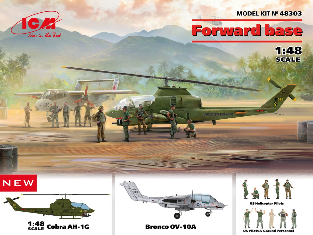 ICM 1/48 Cobra AH-1G + Bronco OV-10A with US Pilots & Ground Personnel and US Helicopter Pilots Forward base Plastic Model Kit