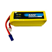 Bright yellow Hobbytech 5000mah 6S 22.2v 50c Softcase Lipo Battery with EC5 connector, suitable for RC model applications.