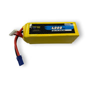 Vibrant yellow Hobbytech 4000mAh 6S 22.2V 50C Softcase Lipo Battery - EC5 product with red and blue wiring, positioned on a plain white background.