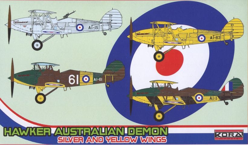 Kora Models 1/72 Hawker Australian Demon Silver and Yellow Wings Plastic Model Kit - Aus Decals