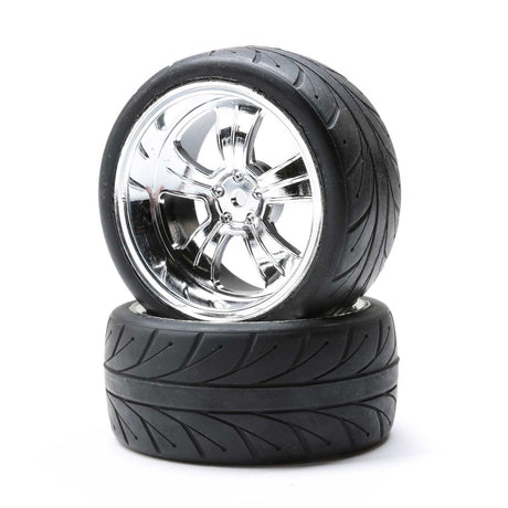 Losi Mounted Rear 5-Spoke Chrome Wheel Tyre 54x30mm 2pcs V100 LOS43039