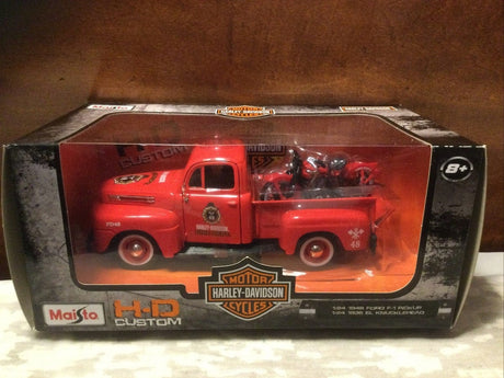 Maisto 1/24 1948 Ford F-1 Fire Truck with 1936 Harley-Davidson EL Knucklehead diecast model