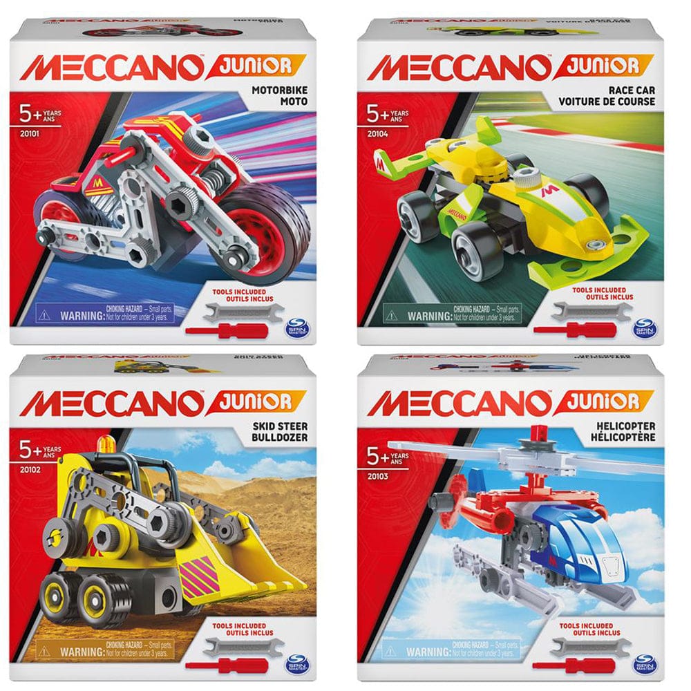 Meccano Junior Action Builds assorted motorbike race car skid steer and helicopter