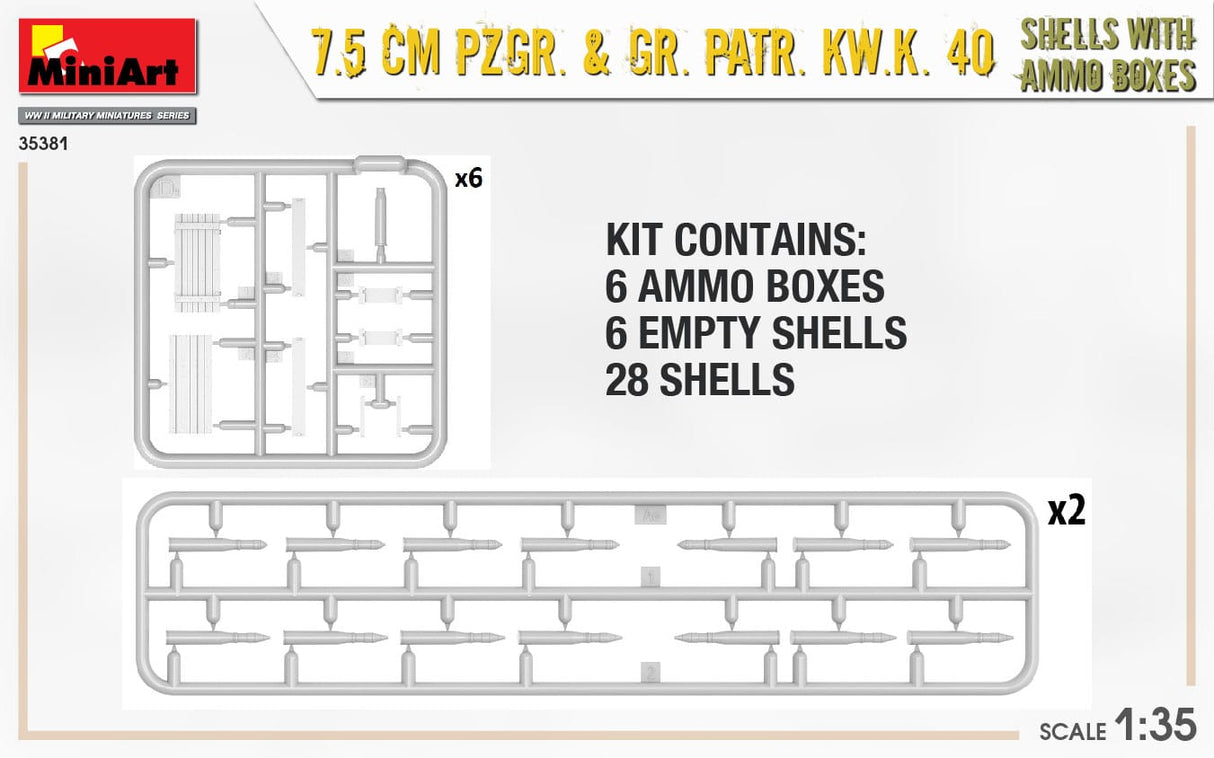 MiniArt 1/35 7.5 cm Pzgr. & Gr. Patr. Kw.K. 40 Shells with Ammo Boxes Plastic Model Kit