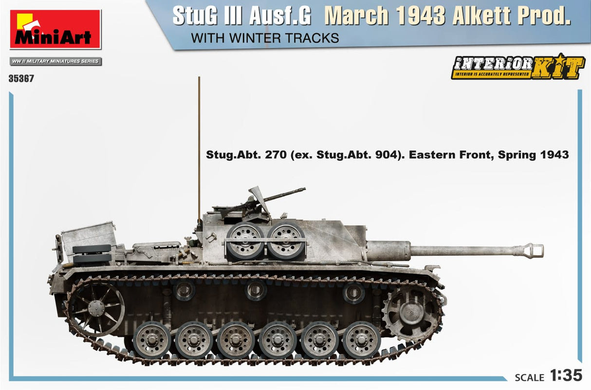 MiniArt 1/35 StuG III Ausf. G March 1943 Alkett Prod w/Winter Tracks. Interior Kit Plastic Model Kit