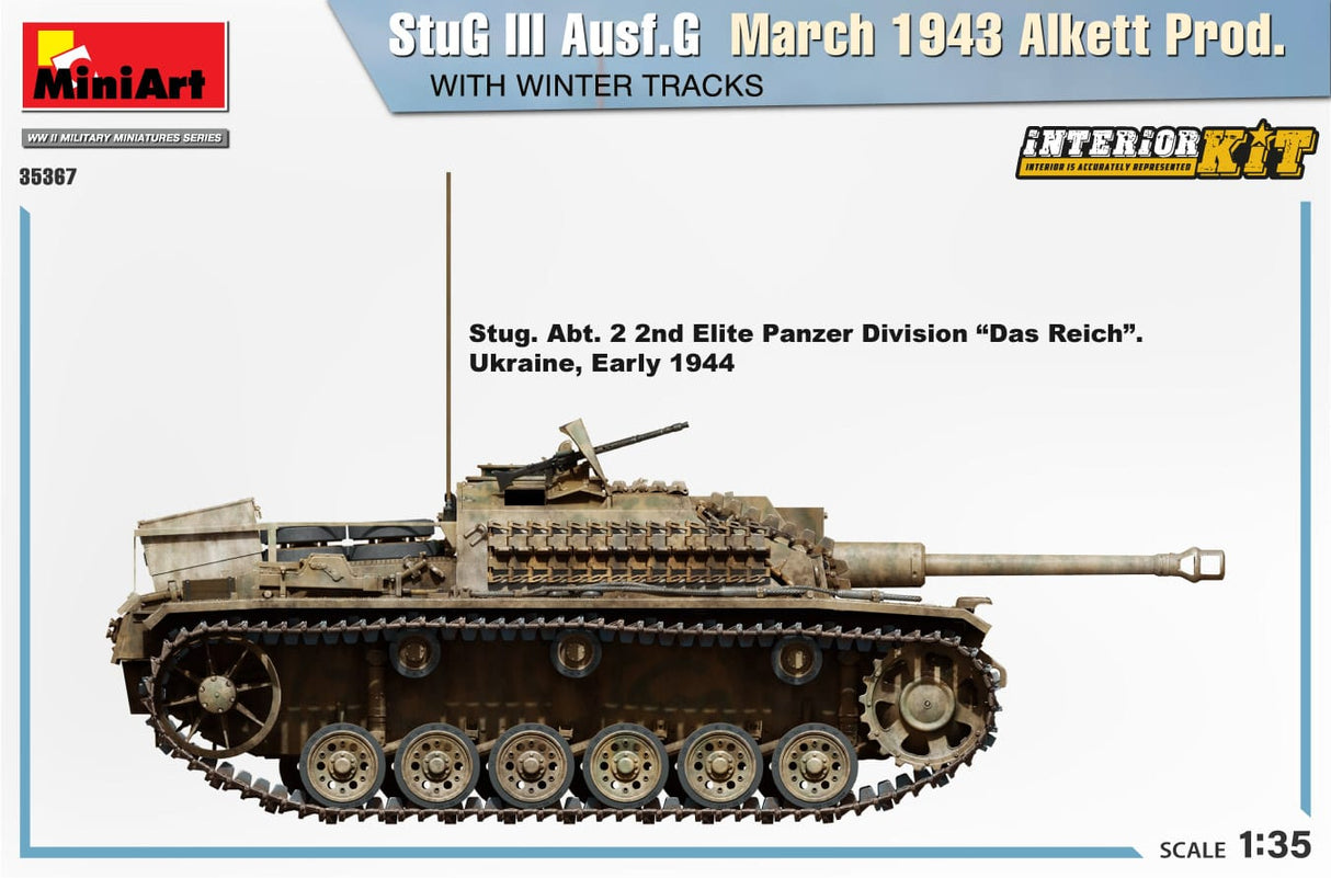 MiniArt 1/35 StuG III Ausf. G March 1943 Alkett Prod w/Winter Tracks. Interior Kit Plastic Model Kit