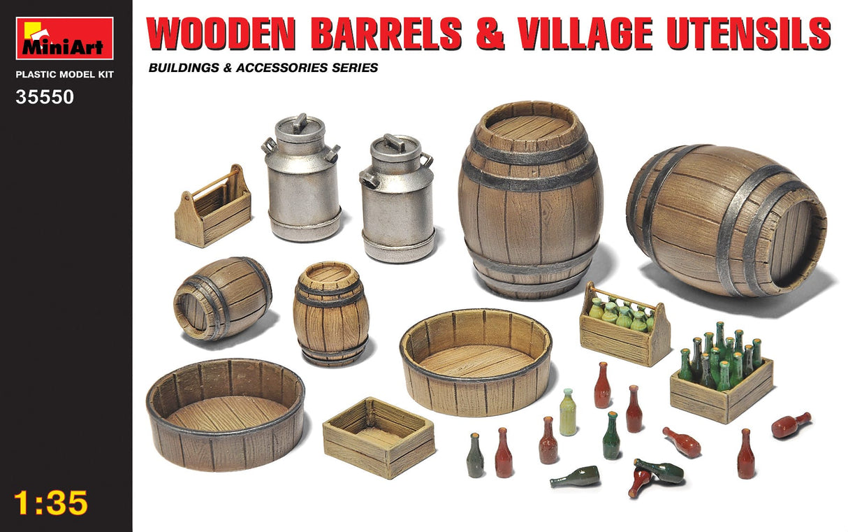Miniart 1/35 Wooden Barrels & Village Utensils Plastic Model Kit [35550]