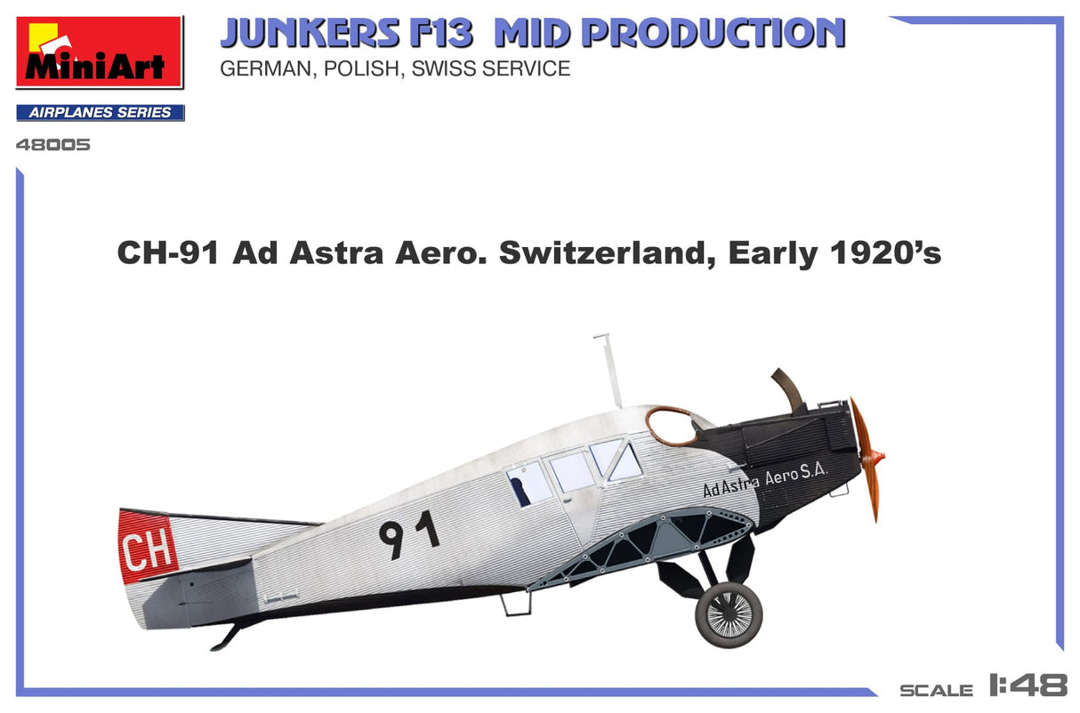MiniArt 1/48 Junkers F13. Mid Prod. German. Polish. Swiss Service Plastic Model Kit