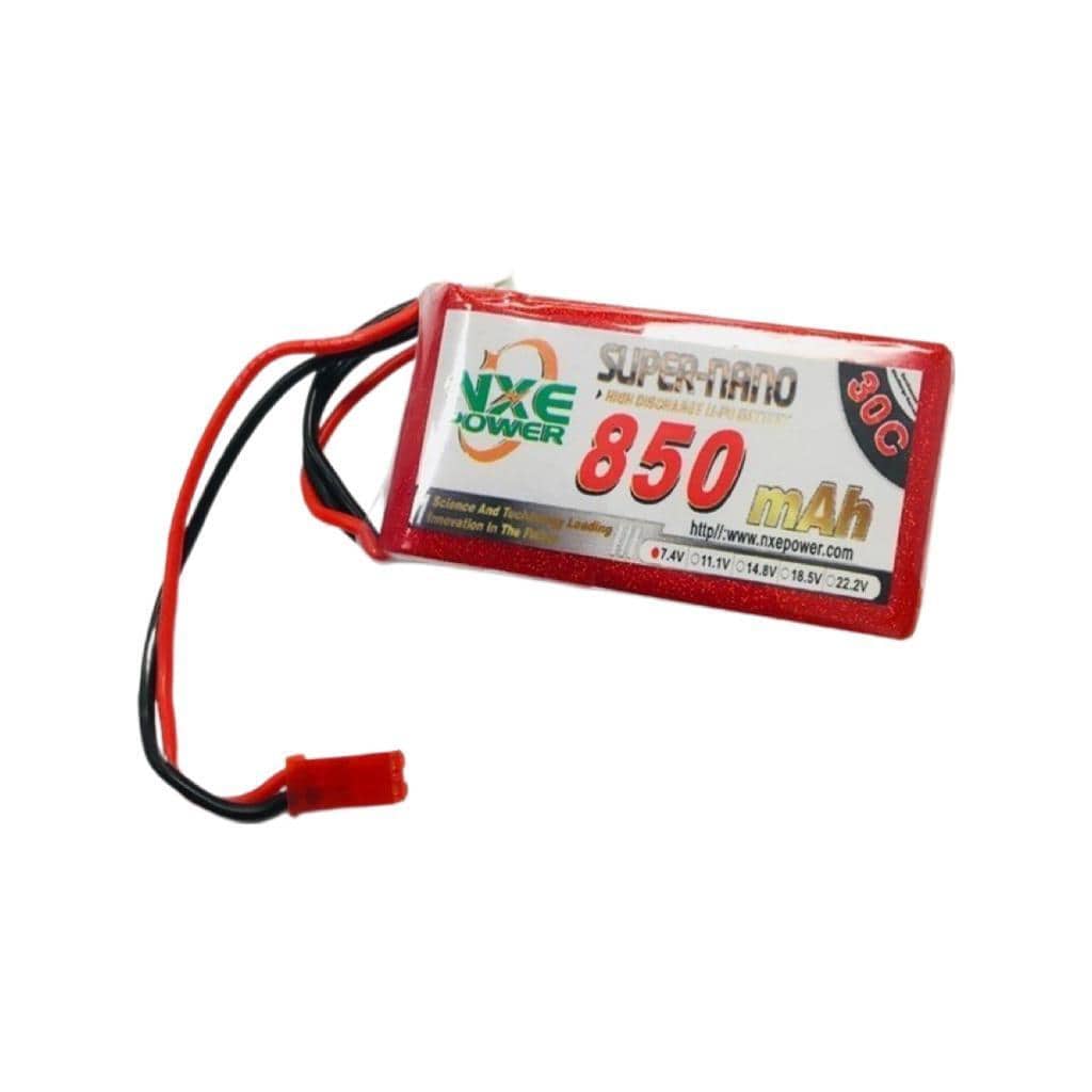 Compact 2S 7.4V 850mAh 30C LiPo battery pack in a soft case, suitable for RC models and devices.