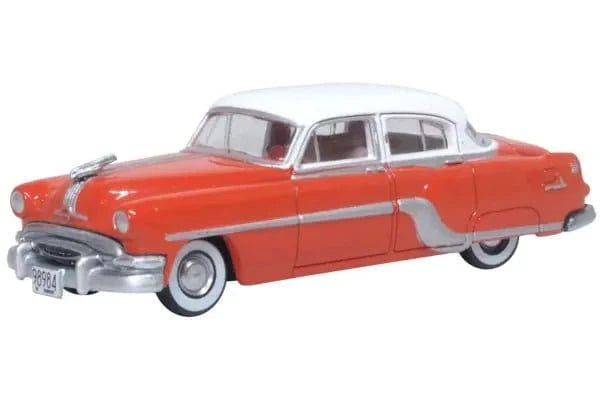 Oxford 1/87 Coral Red/Winter White Pontiac Chieftan 4 Door 1954 (HO Scale) - Hobbytech Toys
