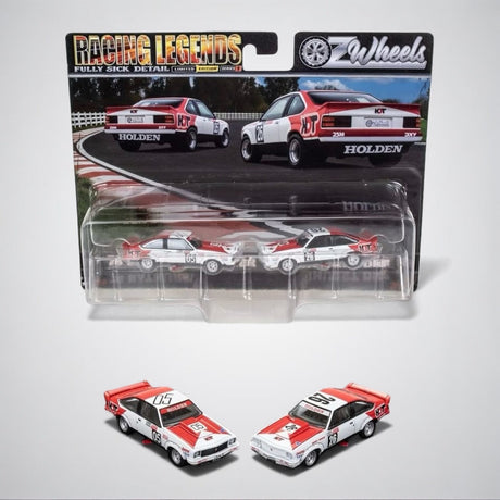 Two miniature model cars in front of their packaging, featuring 'Racing Legends' branding.