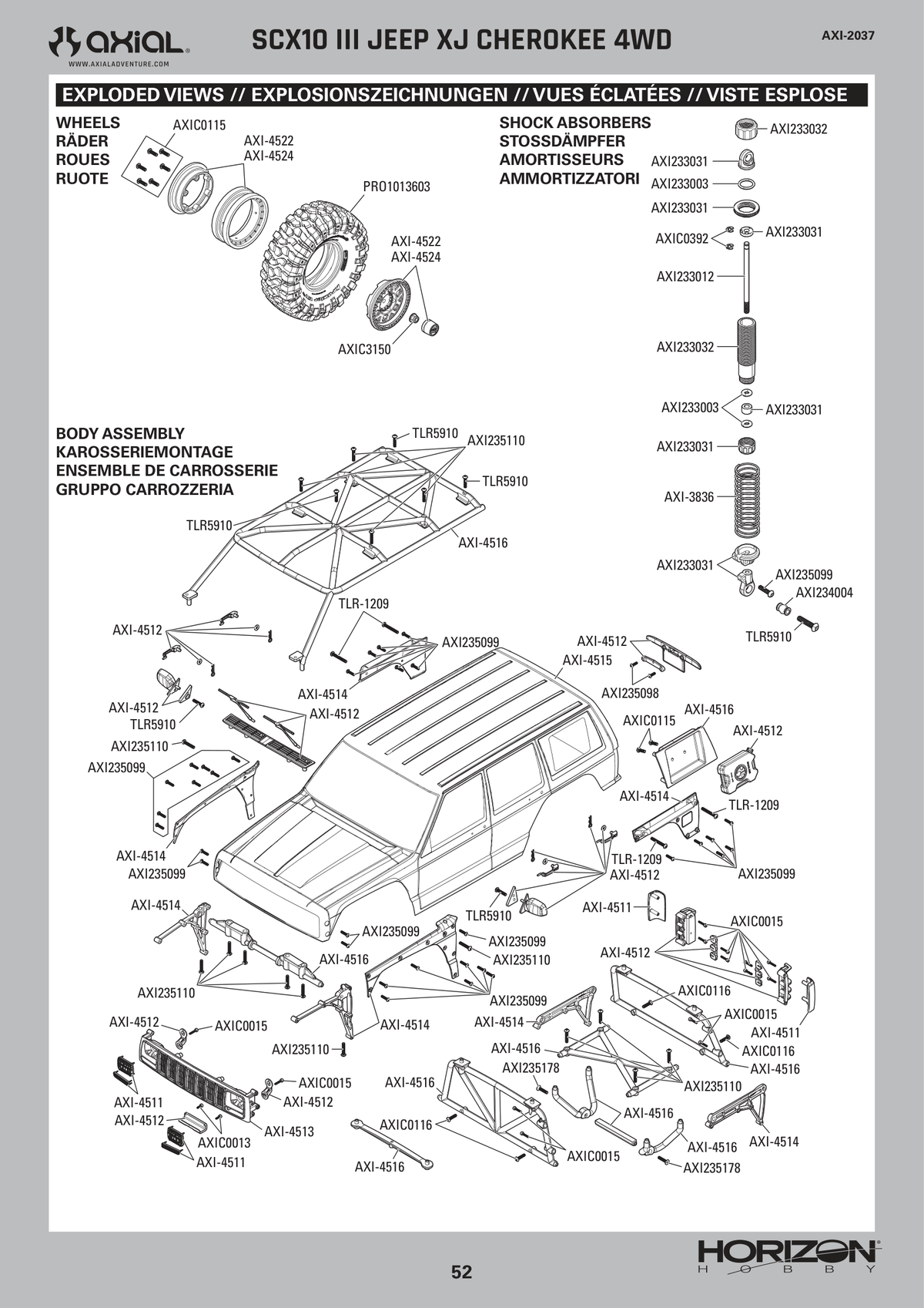 Axial SCX10 III Jeep Cherokee XJ Wheels & Shocks & Body Assembly