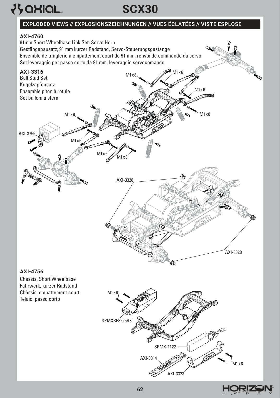 Axial SCX30 Jeep CJ-7 Chassis & Links & Wheel Nuts Assembly