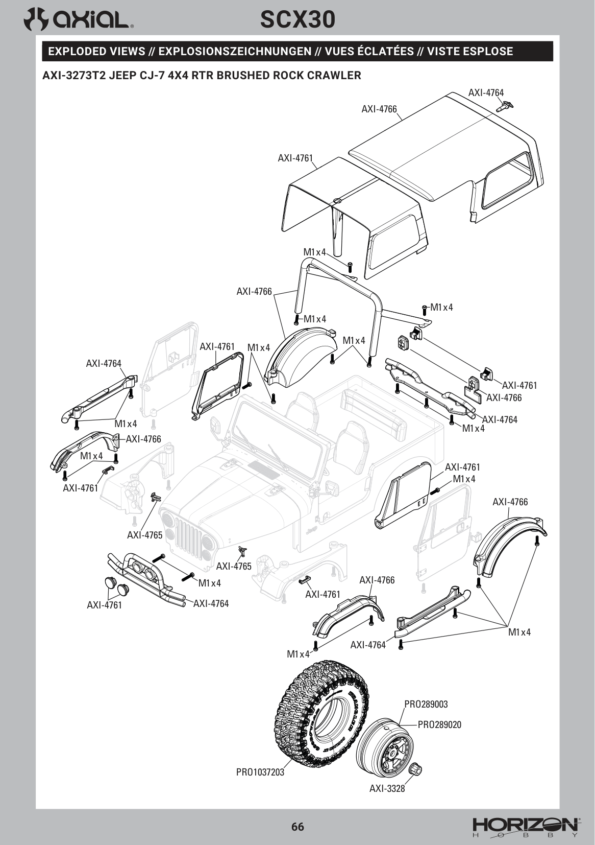 Axial SCX30 Jeep CJ-7 Cage & Wheels 2 Assembly