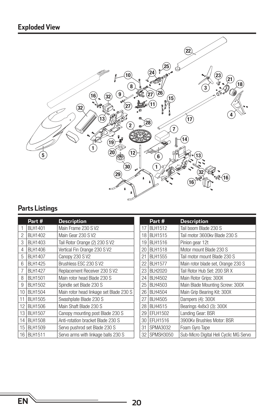 Blade 230 S V2 Complete Parts Listing