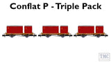 Rapido UK N BR Conflat P Triple Pack A (No.s B932869, B933387, B933059 with crimson containers) - Hobbytech Toys