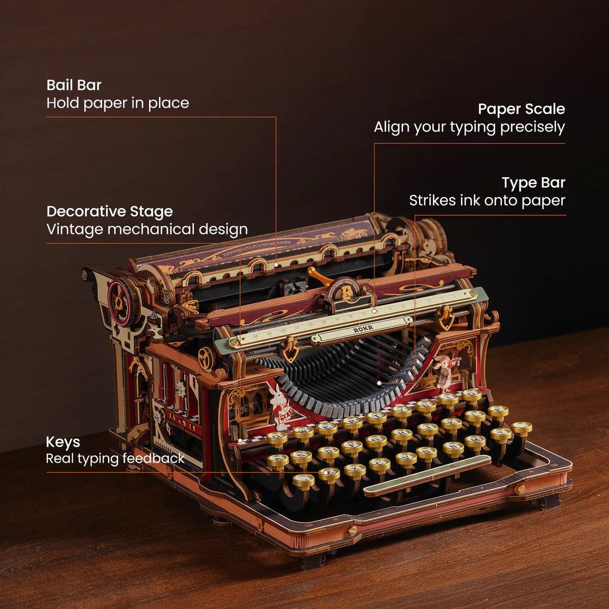 ROKR Mechanical Fairytale Typewriter Wooden Model Kit [LK703C]