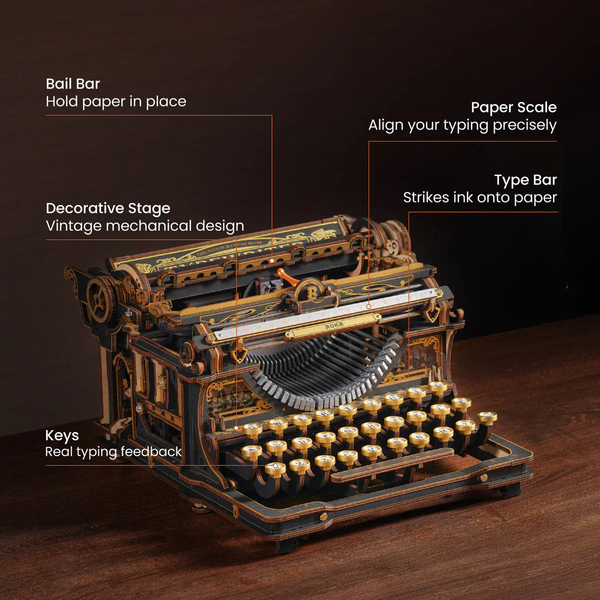 ROKR Mechanical Typewriter Wooden Model Kit [LK703B]