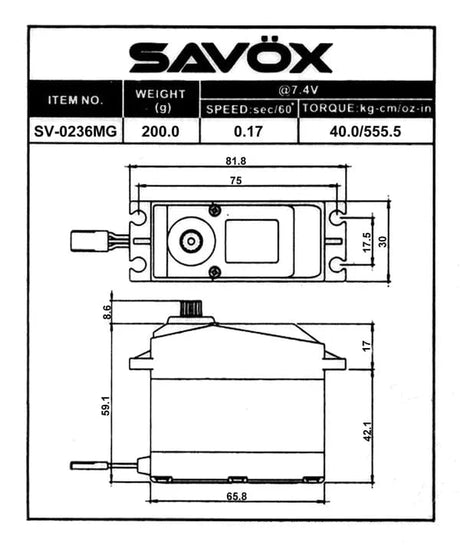 Savox Large Scale Digital 40Kg/0.17 7.4v Servo [SV0236MG] - Hobbytech Toys