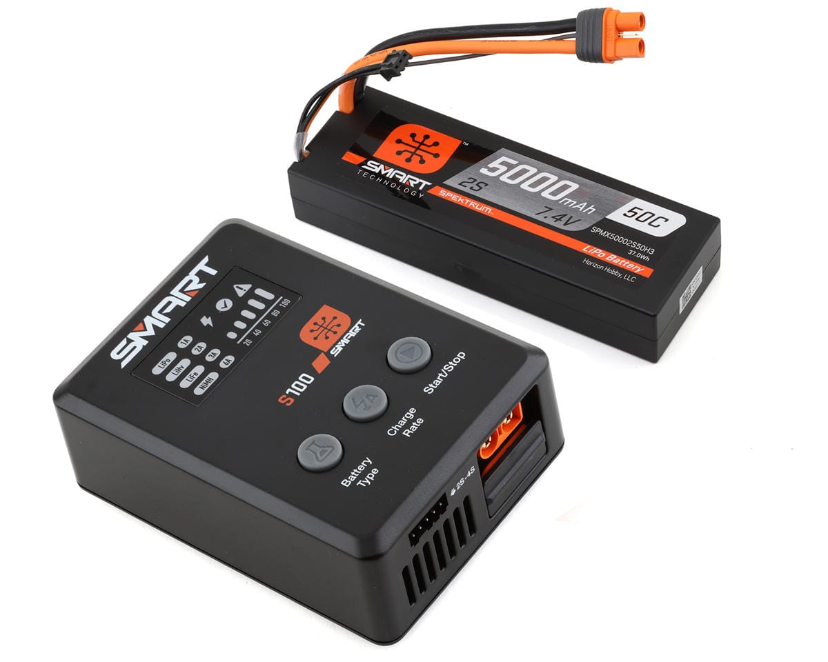 Spektrum Smart 5000mAh 2S 50C IC3 LiPo Battery Powerstage Bundle with S100 Charger